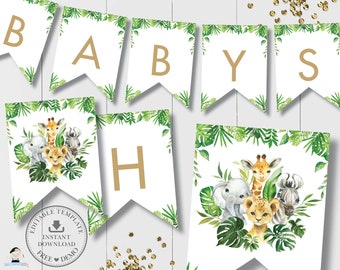 Jungle Animals Flag Banner, EDITABLE TEMPLATE, Greenery Safari Elephant Bunting Baby Shower Birthday Decor Printable, INSTANT Download, JA7