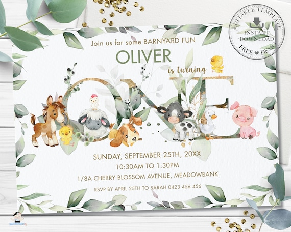 Cute Farm Animals 1st Birthday Party Invitation, EDITABLE TEMPLATE, One Chic Greenery Barnyard Invite, Pdf Printable, INSTANT Download, BY5 Il_570xn