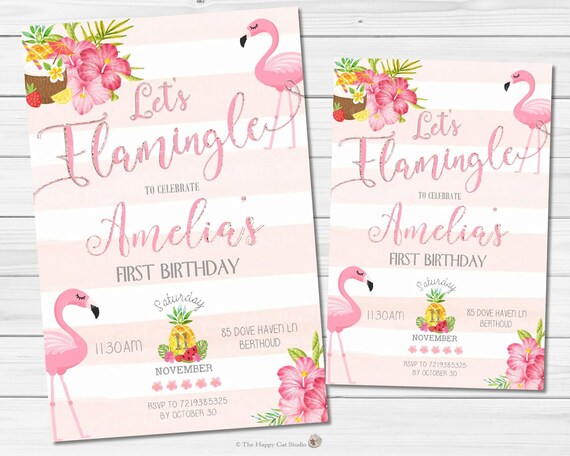 Flamingo Invitation, Invites, Flaminge, Girl, Summer, Tropical, Pineapple, Hibiscus, Coconut, 1st Birthday Party, Pastel Pink, Girls, Print Il_570xn
