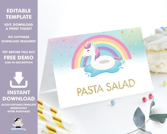 editable template unicorn pool party food tents food labels etsy