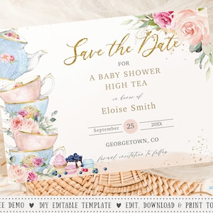 Chic Blush Floral High Tea Baby Brautparty Save the Date EDITIERBARE VORLAGE, Geburtstag viktorianischen Teeparty Rosen Blumen druckbare Datei TP5