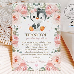 EDITABLE lindo pingüino suave pastel rubor rosa floral flor niña baby shower tarjeta de agradecimiento animales antárticos plantilla descargar imprimible PN1