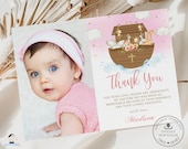 Noah's Ark Baptism Christening Photo Thank You, EDITABLE TEMPLATE, Chic Girl Pink 1st Birthday Noahs Ark Cute Animals Invite Printable, NA2 Il_170x135