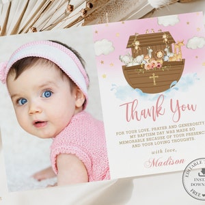 Arche de Noé Baptême Baptême Photo Merci, MODÈLE MODIFIABLE, Fille Chic Rose 1er Anniversaire Arche de Noé Animaux Mignons Inviter Imprimable, NA2