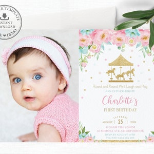 Karussell Einladung, EDITIERBARE VORLAGE, Karneval Merry Go Round Foto 1. Geburtstagsparty einladen, Pink Mint Floral Printable, Pdf INSTANT CR2
