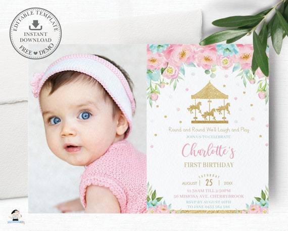 Carousel Invitation, EDITABLE TEMPLATE, Carnival Merry Go Round Photo 1st Birthday Party Invite, Pink Mint Floral Printable, Pdf INSTANT CR2 Il_570xn