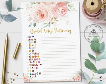 Bridal Shower Emoji Pictionary Game Card, INSTANT DOWNLOAD, Chic Blush Pink Floral Rose Flower Gold Guessing Activity, Diy PDF Printable PK5