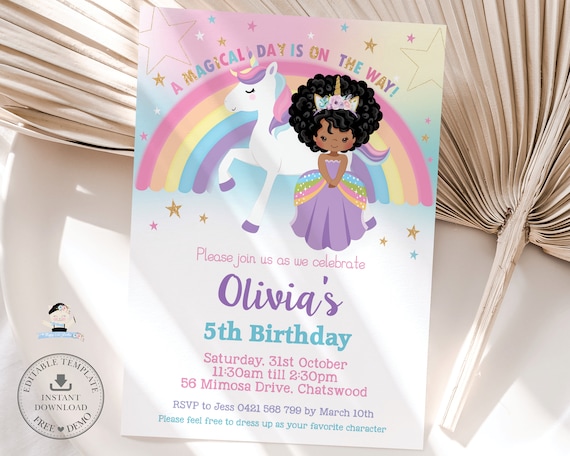 Princess and Unicorn Birthday Party Invitation, EDITABLE TEMPLATE, Cute African Afro Black Hair Princess Printable, INSTANT Download, PU1 Il_570xn