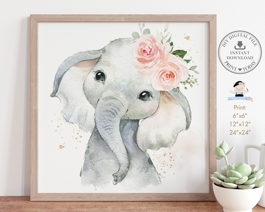 Elephant Nursery Wall Art, Cute Adorable Jungle Animal Safari Pink ...