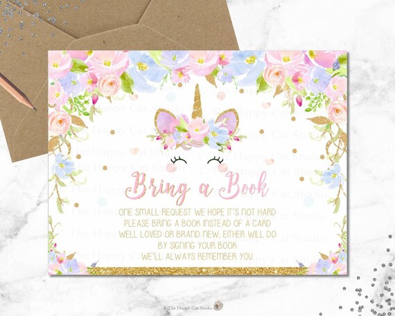 Unicorn Bring a Book Insert, Ticket, Card, Baby Shower, Girl, Pink Flowers, Chic, High Tea, Garden Party, Floral, Smiley, Printable, UB2 Il_570xn