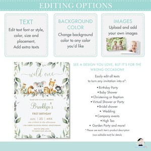May include: A printable invitation for a first birthday party with a woodland theme. The invitation features a watercolor illustration of a koala, deer, fox, and other woodland animals. The text on the invitation reads "wild one" and "Brooklyn's First Birthday".
