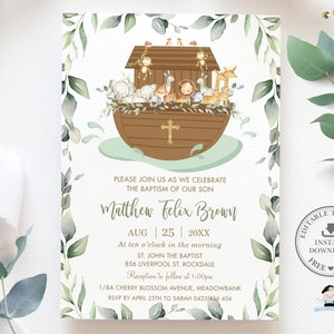 Noahs Arche Greenery Taufeinladung EDITIERBARE VORLAGE, schicker Junge Mädchen 1. Geburtstag Arche Noah Tiere laden druckbare Datei NA1 ein