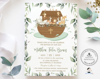 May include: A green and brown baptism invitation with a watercolor illustration of Noah's Ark with animals. The text reads "Please join us as we celebrate the baptism of our son Matthew Felix Brown Aug | 25 | 20XX At ten o'clock in the morning ST. JOHN THE BAPTIST 856 LIVERPOOL ST. ROCKDALE Reception to follow at 1:00pm 1/8A CHERRY BLOSSOM AVENUE, MEADOWBANK RSVP BY APRIL 25TH TO SARAH 0423/456 456"