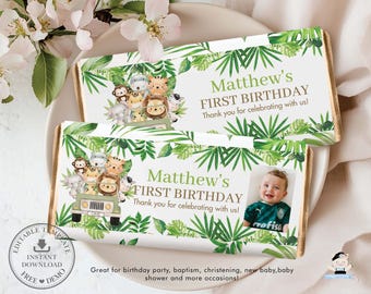 EDITABLE TEMPLATE Cute Jungle Animals Safari First 1st 2nd 3rd Birthday Photo Candy Chocolate Bar Wrappers Hershey Aldi Favor Printable JA2
