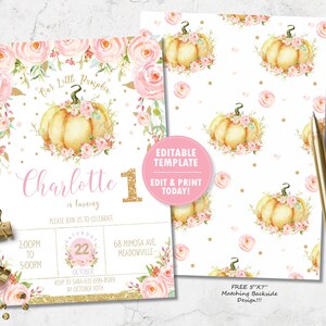 Puede incluir: Un conjunto de invitaciones con tem&aacute;tica de calabaza. La invitaci&oacute;n principal presenta una calabaza en acuarela con detalles florales, el texto "Our Little Pumpkin" y el nombre "Charlotte". La invitaci&oacute;n incluye detalles del evento y un dise&ntilde;o trasero a juego.
