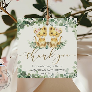Greenery Twin Girls Lion Cubs Thank You Favor Tags Aufkleber Druckbare EDITIERBARE VORLAGE Süße Zwillinge Dschungel Safari 1. Geburtstag Babyparty LN3