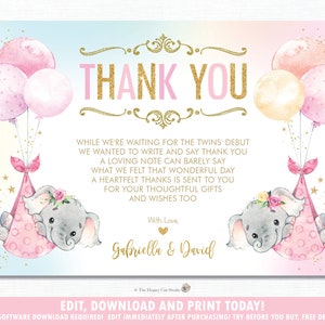 Zwillinge Elefant Baby-Dusche-Dankeschön-Karte, SOFORTIGER Download, Twin Girls Chic Elephant Balloon Printable, Diy Pdf EDITABLE VORLAGE EP3