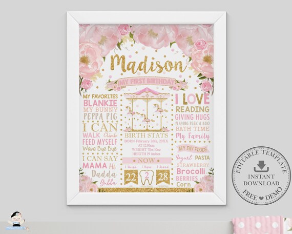 Carousel 1st Birthday Milestone Sign, EDITABLE TEMPLATE, Birth Stats Poster Printable, Baby First Year, Nursery Decor, INSTANT Download, CR3 Il_570xn