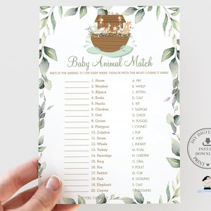Baby Animal Match Game, TÉLÉCHARGEMENT INSTANTANÉ, Verdure Noah’s Ark Baby Shower Match Baby and Mamma Fun Quiz Card Activity Diy PDF Imprimable NA1