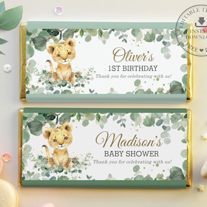 EDITABLE TEMPLATE Cute Lion Cub Greenery Baby Shower Jungle Animals 1st Birthday Chocolate Bar Wrappers Hershey Aldi Favor Printable, LN3 image 1