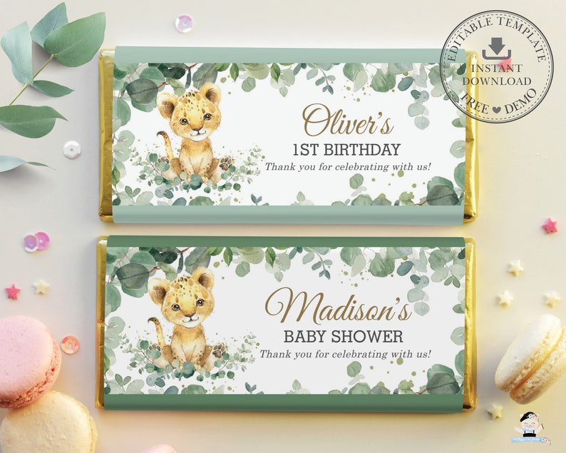 EDITABLE TEMPLATE Cute Lion Cub Greenery Baby Shower Jungle Animals 1st Birthday Chocolate Bar Wrappers Hershey Aldi Favor Printable, LN3 image 1