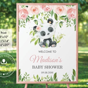 Panda Welcome Sign, EDITABLE TEMPLATE, Diy Pink Floral Greenery Cute Panda Bear Baby Shower Birthday Poster Decoration INSTANT Download, PA2