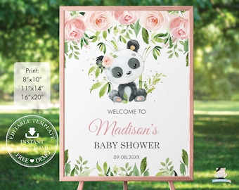 Panda Welcome Sign, EDITABLE TEMPLATE, Diy Pink Floral Greenery Cute Panda Bear Baby Shower Birthday Poster Decoration INSTANT Download, PA2