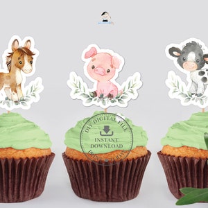 Süßer Bauernhof Tiere grüner Kuchen Kuchen Topper, SOFORTIGER DOWNLOAD, Kuh Schwein Pferd Pferd Huhn Ente Schaf PRINTABLE Baby Shower Birthday Party BY5