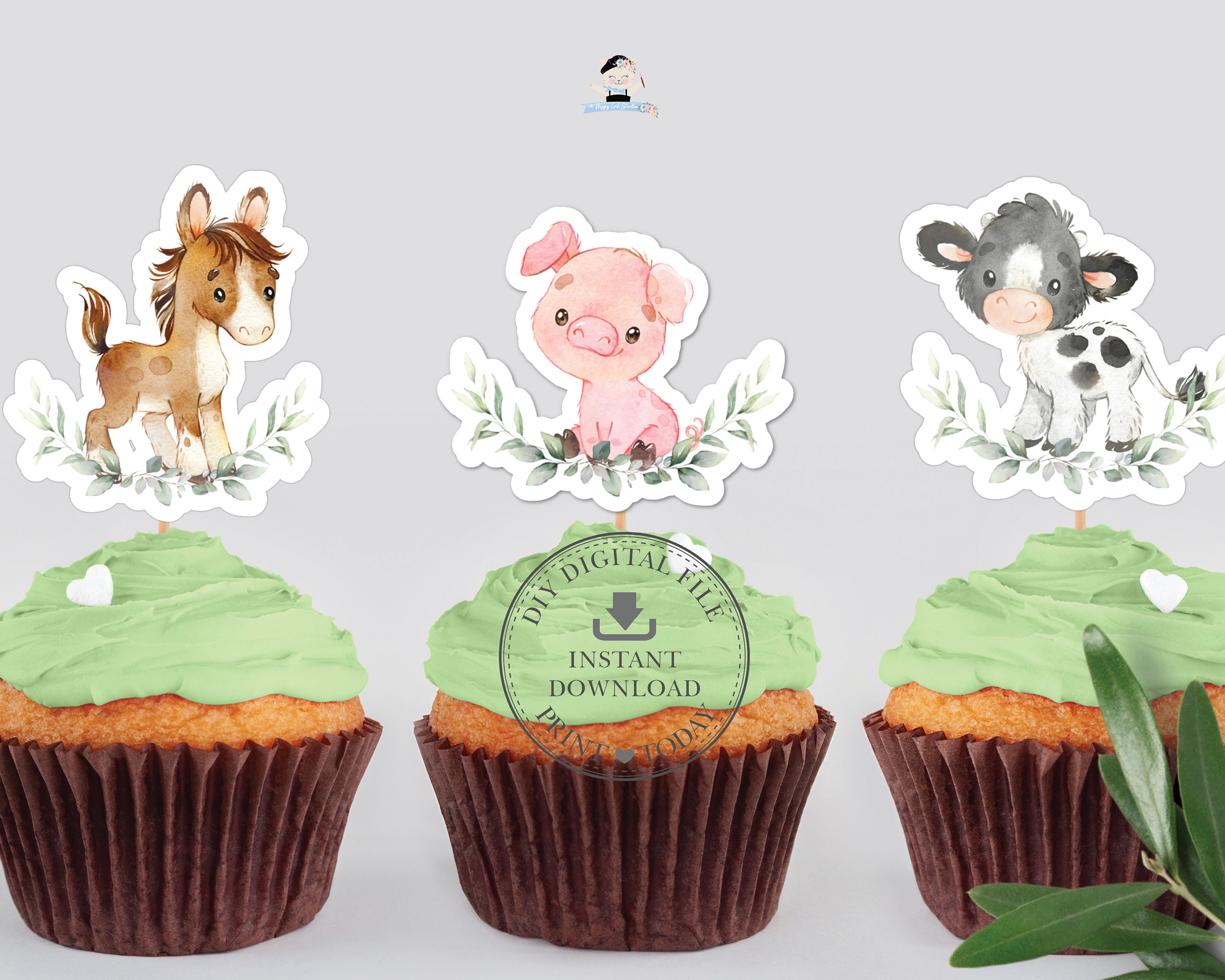 かわいい農場の動物の緑のカップケーキケーキトッパー、即時