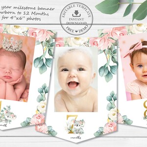 May include: A printable banner for a baby's first year milestone photos. The banner features a floral design with pink and white flowers, green leaves, and gold accents. Each month is represented by a number and a cute koala illustration. The banner is designed to hold 4x6 inch photos.