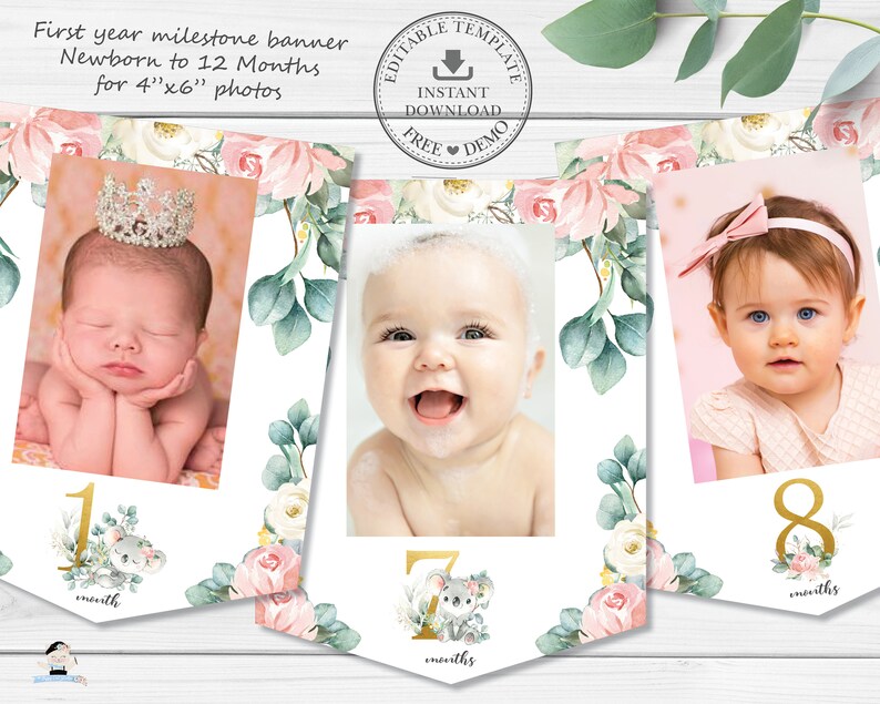 May include: A printable banner for a baby's first year milestone photos. The banner features a floral design with pink and white flowers, green leaves, and gold accents. Each month is represented by a number and a cute koala illustration. The banner is designed to hold 4x6 inch photos.