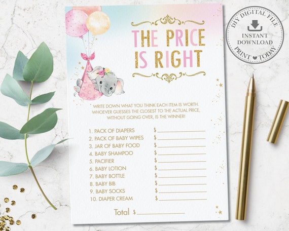 Fun The Price is Right Game, INSTANT DOWNLOAD, Whimsical Elephant Balloons Baby Shower Quiz Card Activity, Pink Gold, Diy PDF Printable, EP3 Il_570xn