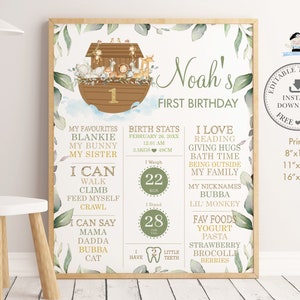 Segno di pietra miliare del primo compleanno dell'Arca di Noè, MODELLO MODIFICABILE, Animali chic Neutro Ragazzo Statistiche di nascita Decor Pdf, Download immediato, NA1