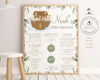 Noah's Ark Greenery 1st Birthday Milestone Sign, EDITABLE TEMPLATE, Chic Animals Neutral Boy Birth Stats Decor Pdf, INSTANT Download, NA1