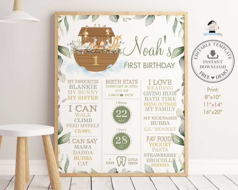 May include: A green and brown illustrated printable first birthday poster for a boy named Noah. The poster features a cartoon ark with animals, a number one, and a list of milestones and favorites. The poster is decorated with green leaves and watercolor.
