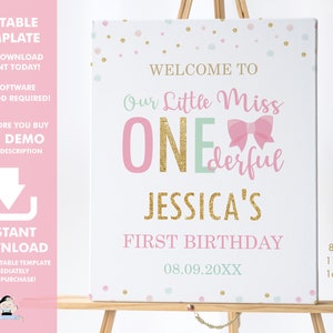 Little Miss ONEderful Welcome Sign, EDITABLE TEMPLATE, Pink Mint Gold Bow First 1st Birthday Party Board Decoration, INSTANT Download, MO2