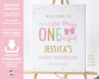 Little Miss ONEderful Welcome Sign, EDITABLE TEMPLATE, Pink Mint Gold Bow First 1st Birthday Party Board Decoration, INSTANT Download, MO2