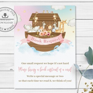 Noah's Ark Boeken Verzoek Kaart, INSTANT DOWNLOAD, Chique Regenboog Roze Meisje Noahs Arc Breng een Boek, Schattige Dieren Baby Douche Afdrukbare PDF, NA2
