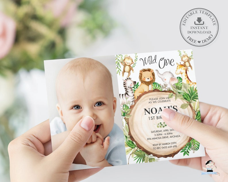 May include: A printable invitation for a first birthday party with a jungle theme. The invitation features a watercolour illustration of a lion, zebra, giraffe, and monkey. The text on the invitation reads "Wild One" and includes the child's name, date, time, and location of the party.