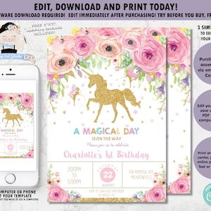Unicorn Invitation, Unicorn and Fairy Birthday Invitation, Pixie, Pink Floral, Unicorn Printable, instant EDITABLE TEMPLATE Download, FU1