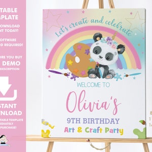 Panda Art Party Welcome Sign, EDITABLE TEMPLATE, Diy Rainbow Cute Pandacorn Paint Craft Birthday Poster Decoration Pdf INSTANT Download, PA1 image 1