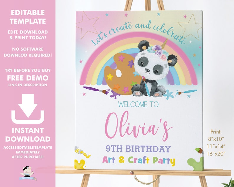 Panda Art Party Welcome Sign, EDITABLE TEMPLATE, Diy Rainbow Cute Pandacorn Paint Craft Birthday Poster Decoration Pdf INSTANT Download, PA1 image 1