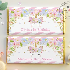 EDITABLE TEMPLATE, Unicorn Chocolate Bar Wrappers, Floral Birthday Baby Shower Favors Printable, Aldi Hershey&#39;s Candy Bar Labels INSTANT UB2