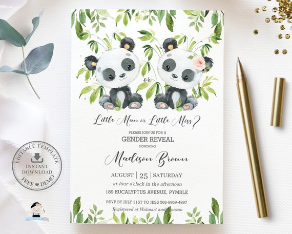Cute Panda Gender Reveal Invitation EDITABLE TEMPLATE Bamboo Greenery Cute Panda Gender Reveal Invitation EDITABLE TEMPLATE Bamboo Greenery