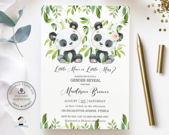 Cute Panda Gender Reveal Invitation EDITABLE TEMPLATE Bamboo Greenery 