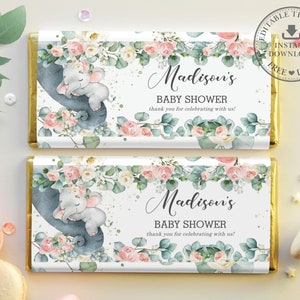 Elephant Chocolate Bar Wrappers, EDITABLE TEMPLATE, Hershey&#39;s Aldi Chocolate Favor, Floral Greenery Printable, Baby Shower Girl INSTANT EP11