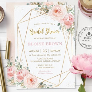 May include: A pink and gold bridal shower invitation with a geometric frame and watercolor floral design. The invitation reads "Please join us for a Bridal Shower honoring bride-to-be Eloise Brown, August 25, Sunday at four o'clock in the afternoon, Cupcake House, 189 Mimosa Avenue, Avonlea. RSVP by July 31st to Jess 568-8969-4897. Registered at Williams Sonoma."
