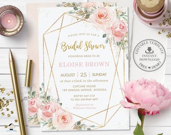 May include: A pink and gold bridal shower invitation with a geometric frame and watercolor floral design. The invitation reads "Please join us for a Bridal Shower honoring bride-to-be Eloise Brown, August 25, Sunday at four o'clock in the afternoon, Cupcake House, 189 Mimosa Avenue, Avonlea. RSVP by July 31st to Jess 568-8969-4897. Registered at Williams Sonoma."