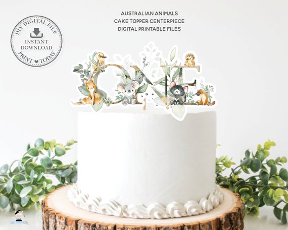 Australian Animals Greenery ONE Cake Topper Centerpiece, INSTANT DOWNLOAD, Koala Kangaroo Platypus Printable File 1st Birthday Party, AU5 Il_570xn