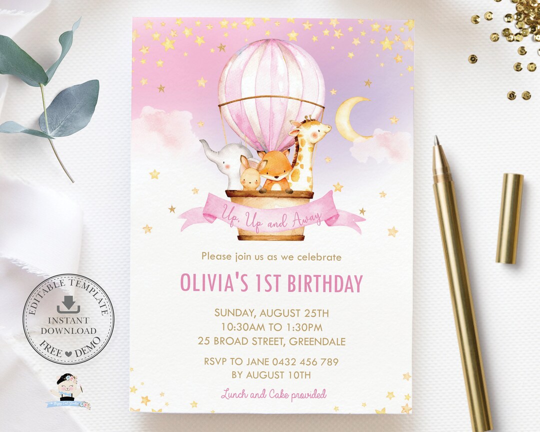 Hot Air Balloon Invitation, EDITABLE TEMPLATE, Girl Cute Jungle Animals ...